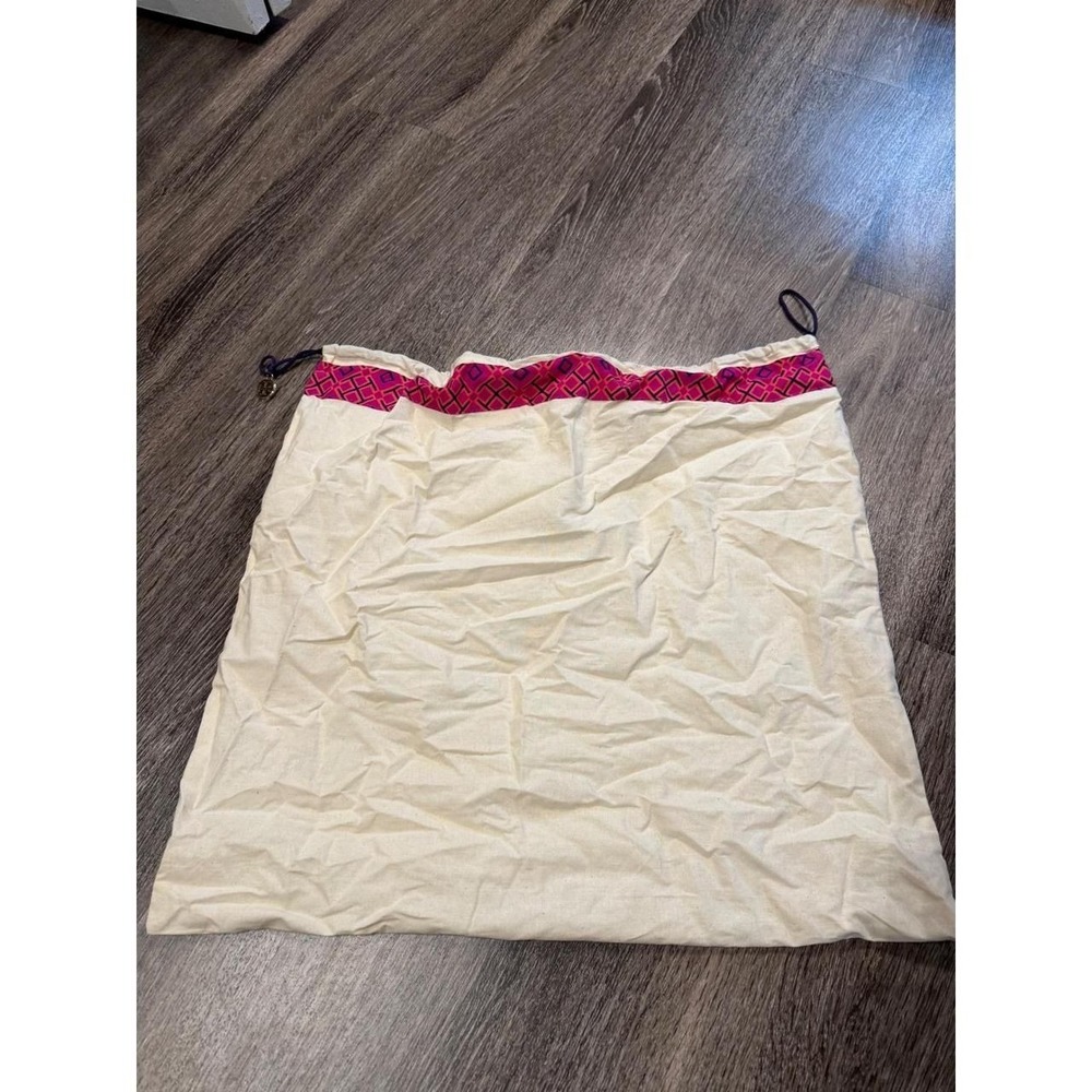 Tory Burch Cream Canvas Drawstring Dust Bag with Logo Trim and Gold Charm